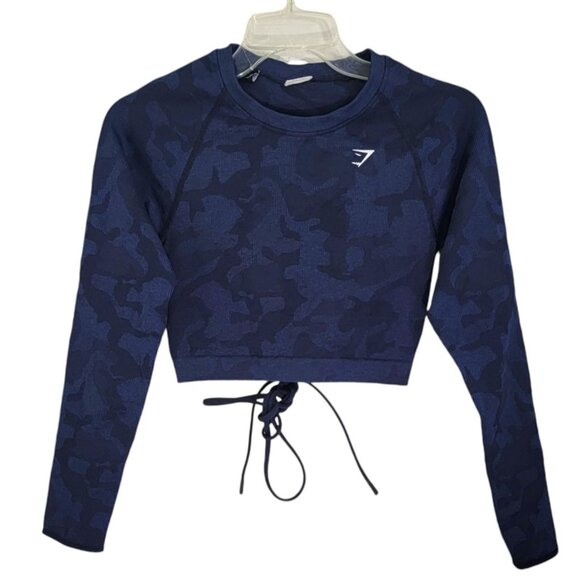 Gymshark Women's Blue Adapt Camouflage Seamless‎ Long Sleeve Crop Top Size S - Picture 1 of 13